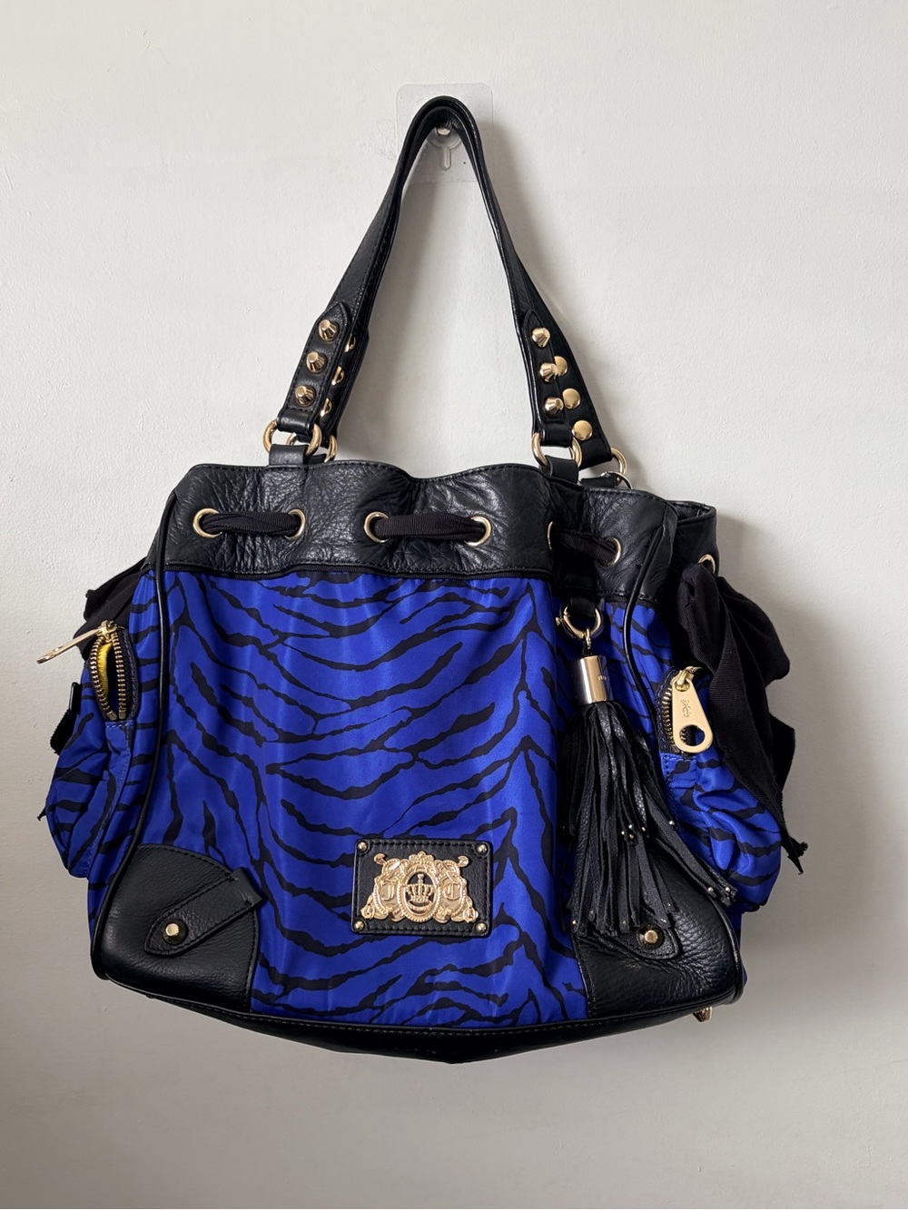RARE Vintage Y2K Juicy Couture Blue Zebra Studded Leather Tassel Tote Bag HTF